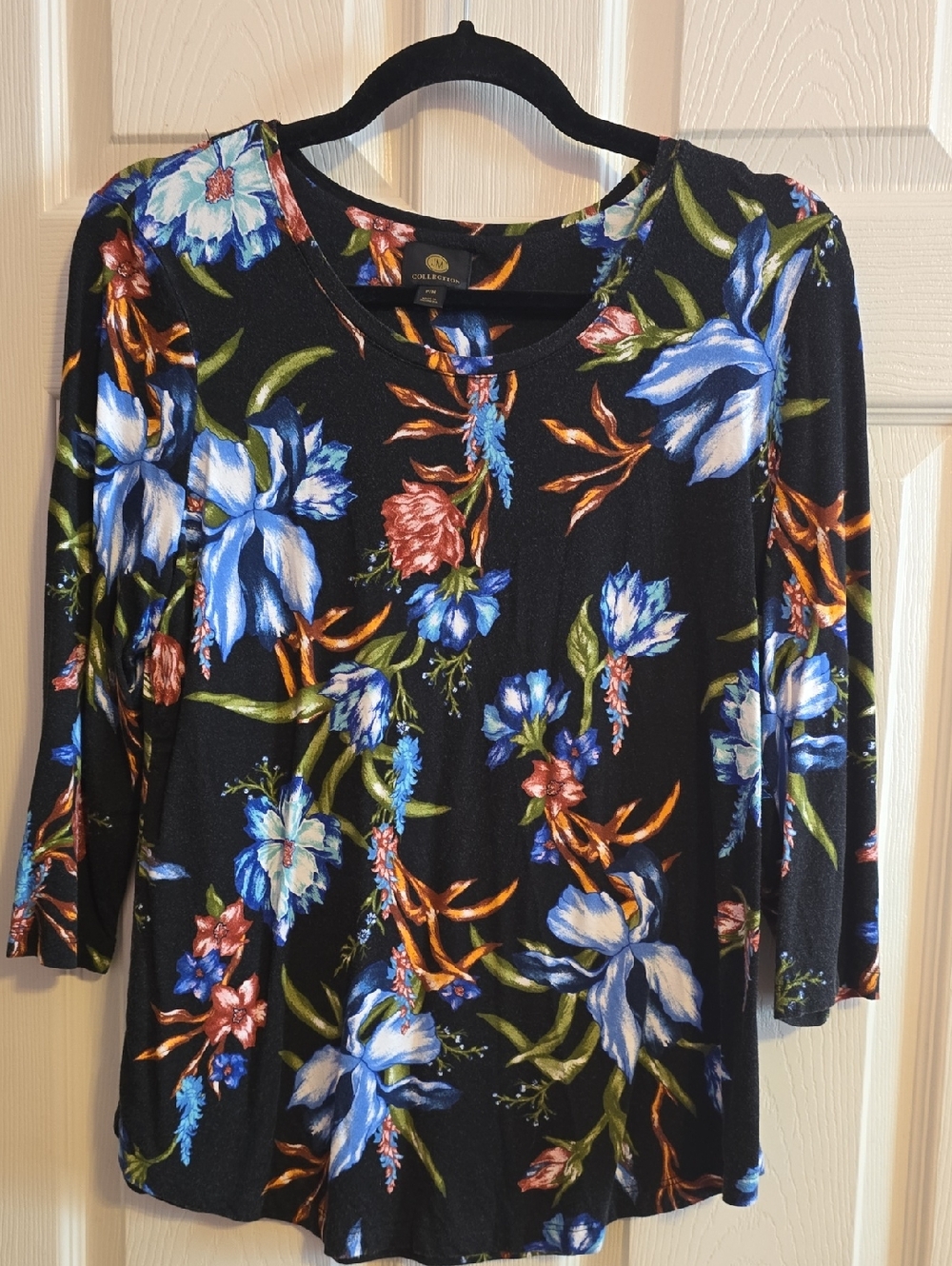 JM Collection Black Long Sleeve Top with Blue, Green &‎ Orange Floral Print